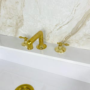 Deck Mount Vanity Sink Faucet, Widespread Bathroom Brass Faucet Sink, , 3 Hole Bath Faucet with Dual Handles