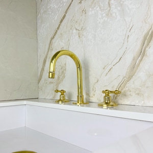 Widespread Bathroom Brass Faucet Sink, Unlacquered Brass Deck Mounted Faucet ,Brass Sink Faucet, 3 Hole Bath Faucet with Dual Handles
