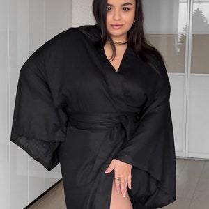 Black Linen Kimono Robe, One Size Linen Bathrobe, Plus Size Lounge Dress, Natural Robe for Women, Wide Sleeves, Self Care Gift, Linen Duster