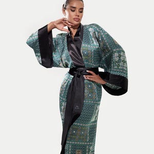 Oriental Print Long Kimono Robe, Bohemian Silk Robe, Bell Sleeve Home Dress, Women Maxi Bathrobe, Elegant Nightwear, Satin Dressing Gown