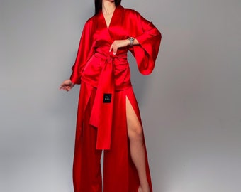 Satin Kimono Evening Set, Elegant Lounge Suit, Red Silk Cocktail Pajama Suit for Wedding Party