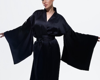Loose Fit Kimono, Black Satin Robe, Silky Duster, Summer Kimono Dress, Wide Sleeves, Luxury Homecoat, Japanese Style Outfit