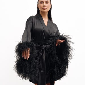 Luxury Satin Robe with Real Ostrich Feathers, Burlesque Robe, Old Hollywood Robe, Short Feather Robe, Bridal Morning Robe, Long Sleeves
