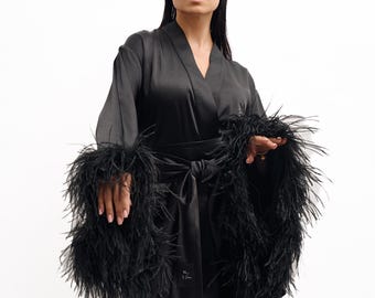 Luxury Satin Robe with Real Ostrich Feathers, Burlesque Robe, Short Feather Kimono, Bridal Morning Coverup, Long Sleeves