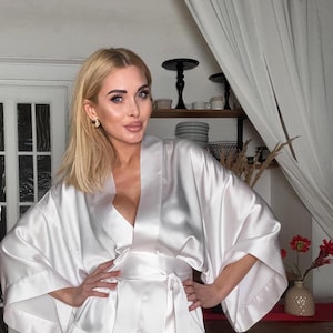 Silk Pajama Set, 3 Piece Sleepwear, Kimono Jacket With Shorts and Wide Pants, Womens Lounge Set, Bridal Robe Set, Nightwear Gift for Her