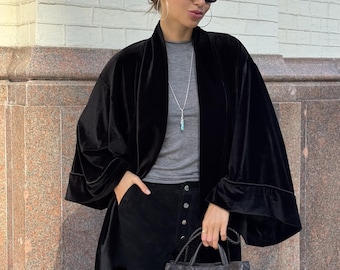 Long Black Velvet Coat with Belt, Boho Chic Street Wear for Women, Kimono Cardigan