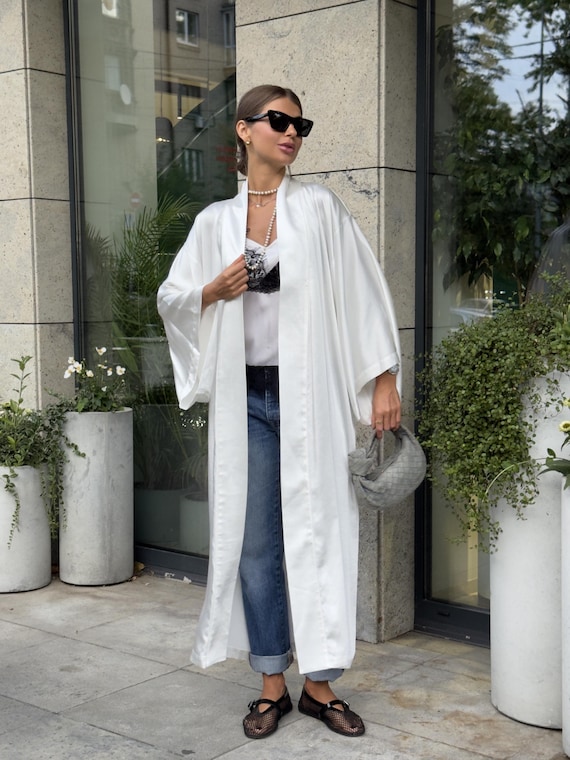 Silk Satin Kimono Coat, Fashion Street Style, Chic Satin Duster, Luxury Outerwear for Women, Bohemian Summer Jacket, Statement Gift for Her