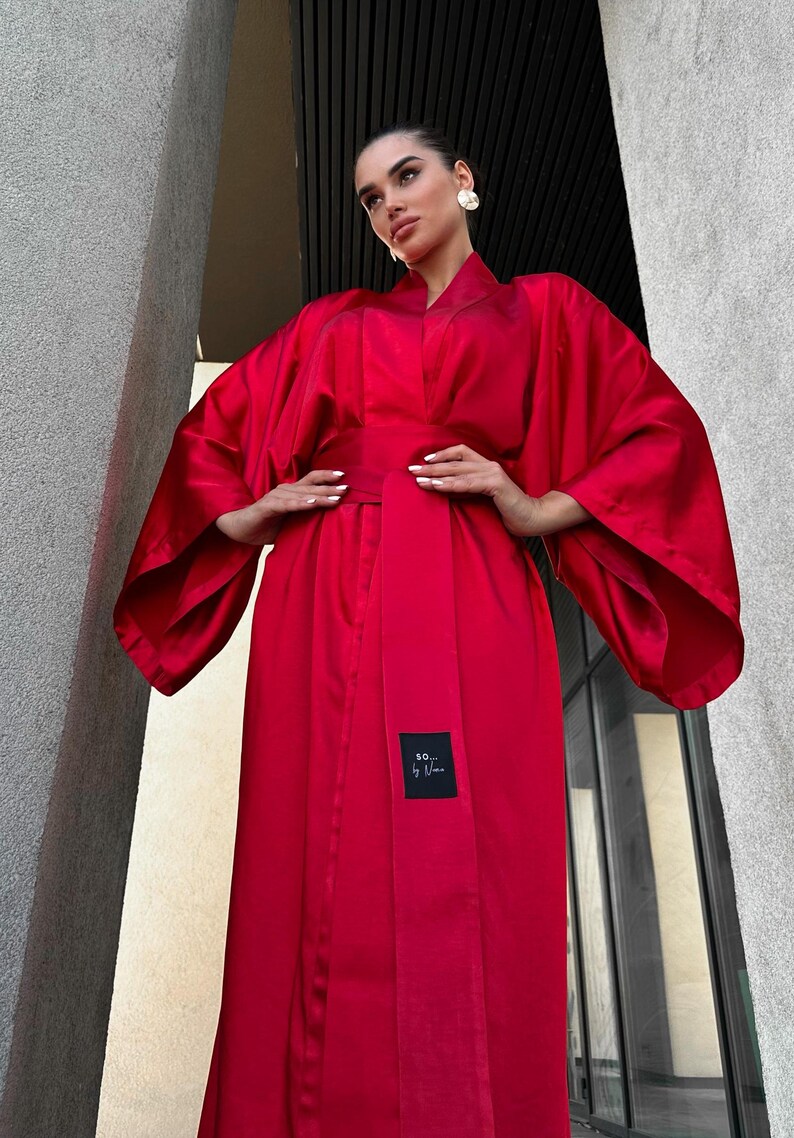 Red Satin Women Kimono Robe, Long Wrap Dress With Wide Sleeves, Elegant ...