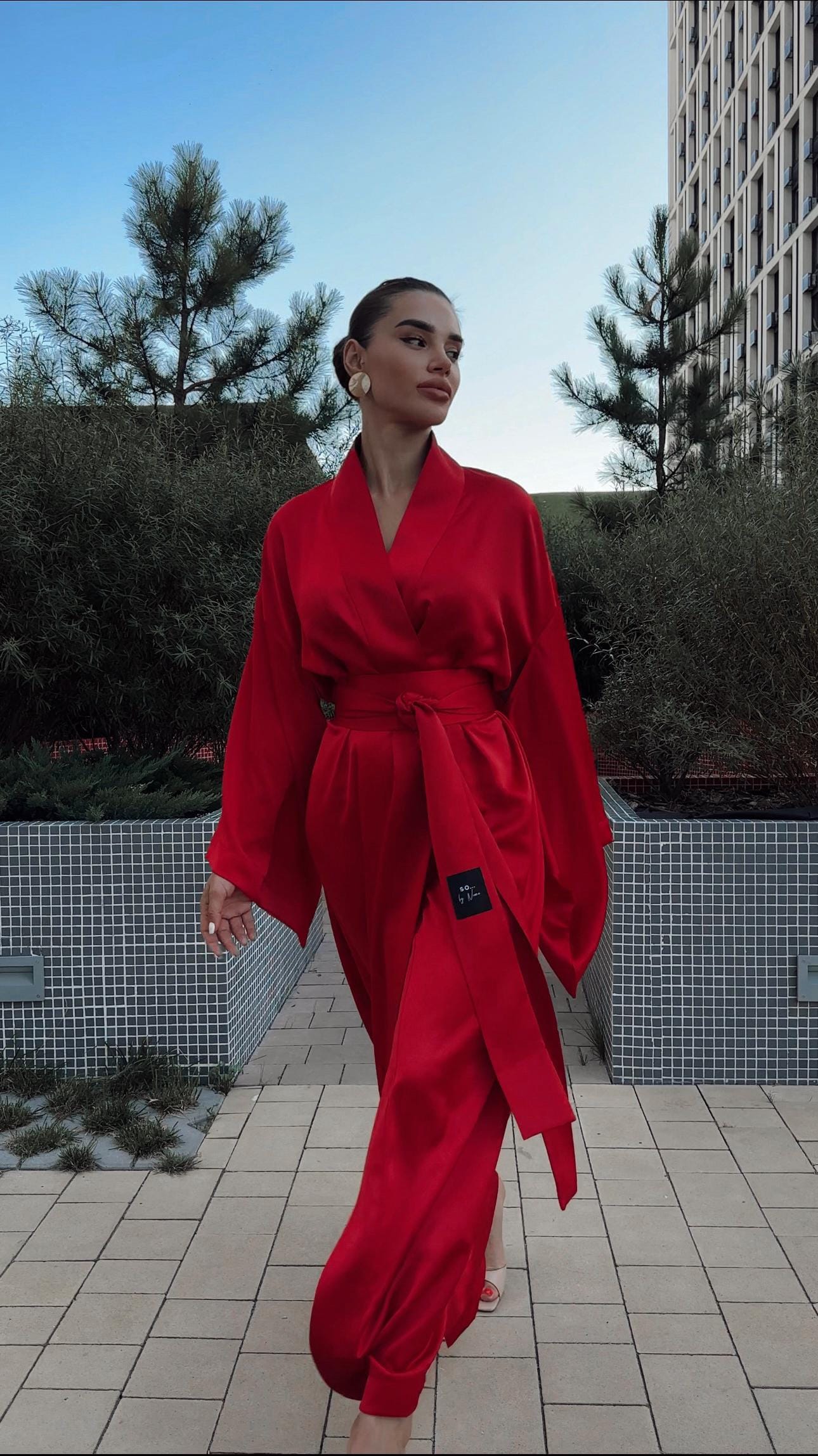 fitted lace wedding dress Yumi Red Kimono Sleeves Dip Hem Wrap Midi Dress  Envy Boutique