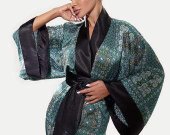 Lyxpresent till henne | Orientalisk satinmorgonrock, viskos kimono morgonrock, japansk loungekläder, lång morgonrock med bälte, jubileumspresent