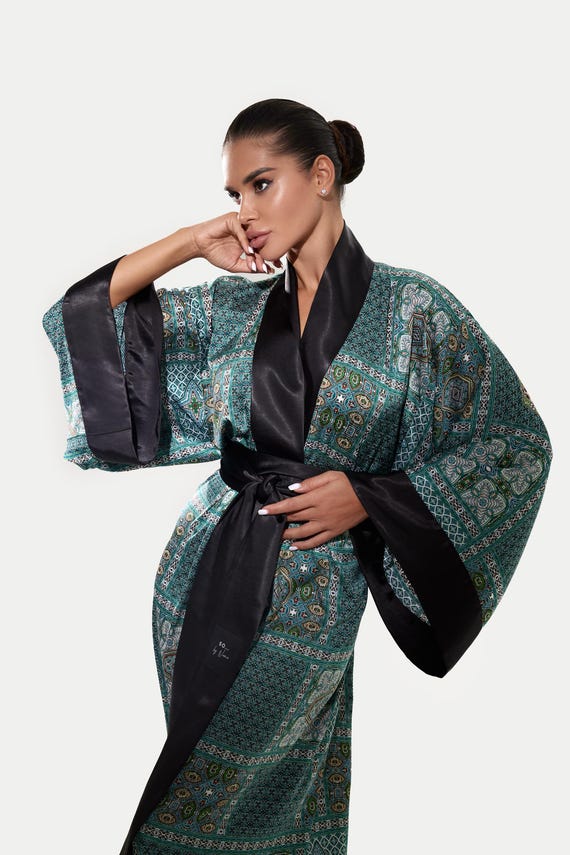 satin japanese style dress Luxury Gift for Her | Oriental Robe, Viscose Kimono Dressing Gown, Lounge Wear, Long Robe With Belt, Anniversary Gift casual japanese dresses
