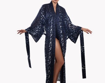 Lightweight Satin Leopard Beach Cover Up, Elegant Kimono Wrap, Gift for mom, Womens Long Robe, animal Print Elegant Home Coat