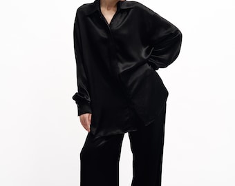 Loose Fit Casual Pantsuit with Pockets, Elegant Gothic Evening Outfit, Black Goth Bridal Wear