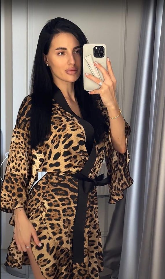 short leopard print dressing gown Leopard Print Silk Kimono Robe, Short Satin Dressing Gown, Beach Cover Up