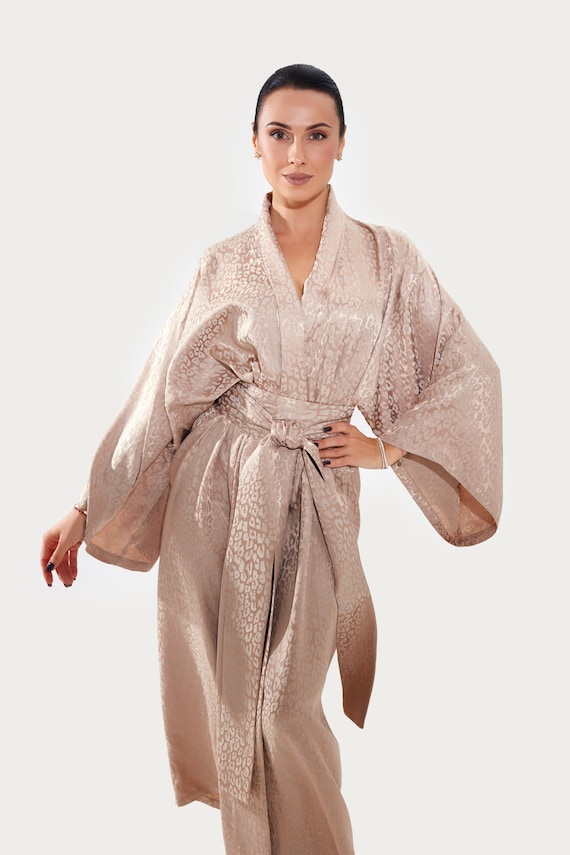 Beige Kimono Gown, Animal Print Bathrobe for Women, Loose Long Kimono Dress, Dressing Gown, Home Lounge Dress, Bride Robe, Kimono Robe