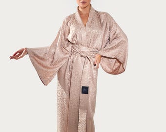Jacquard Leopard Kimono Robe, Bell Sleeves Lounge Wrap