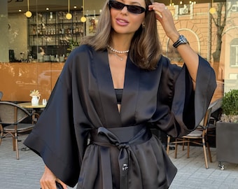 Boho Chic Kimono Set, Luxury Lounge Wear, Silk Kimono Blouse and Wide Trousers, Wedding Guest Attire, Elegant Streetwear, Date Night Outfit