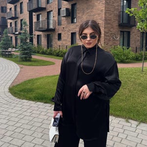 Plus Size Satin Suite for Woman, Summer Evening Outfit, Silk Black Pantsuit, Set Blouse and Trousers with Pockets, Chic Gothic Wear