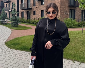 Plus Size Satin Suite for Woman, Summer Evening Outfit, Silk Black Pantsuit, Set Blouse and Trousers with Pockets, Chic Gothic Wear