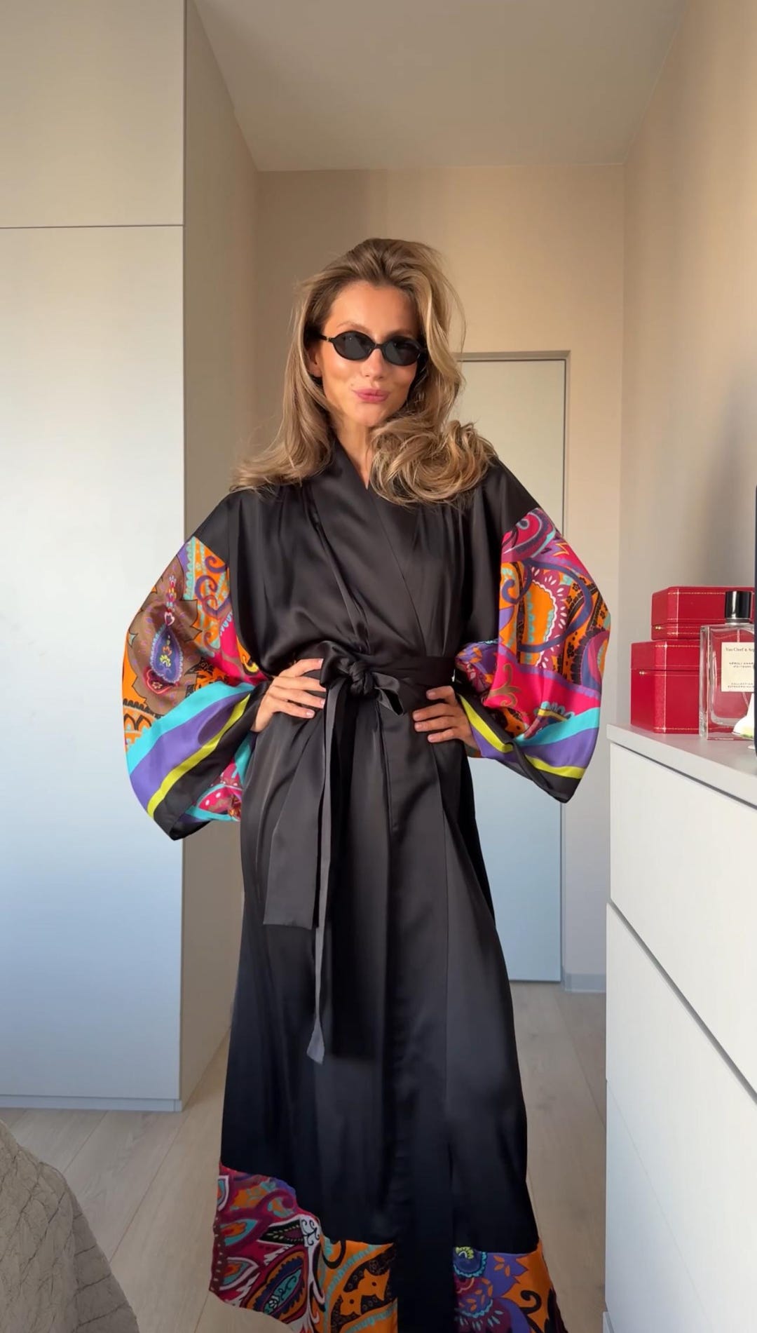 Colourful Robe Floor Women Robe With Colorful Long Wide Sleeves, Italian Silk Black ...