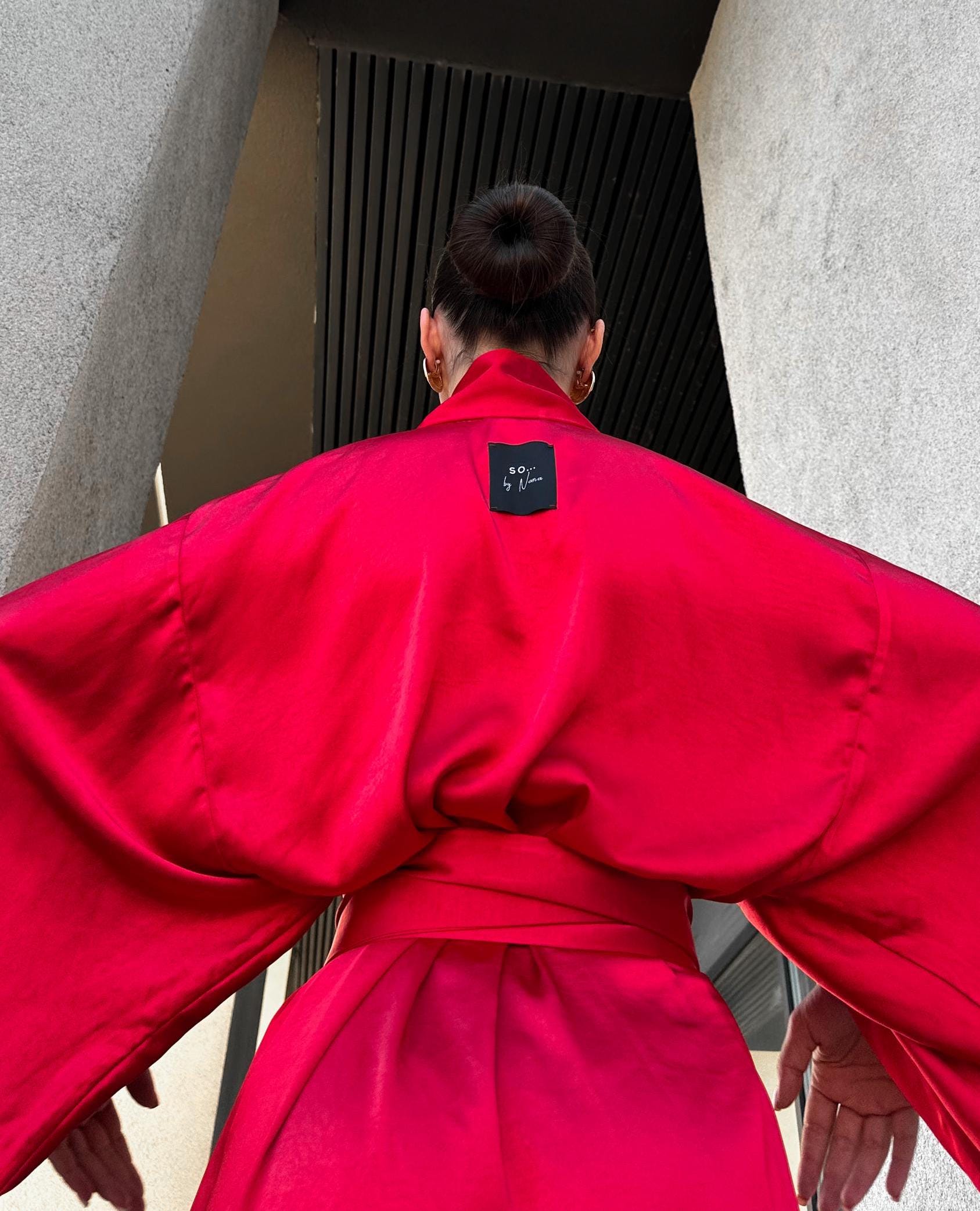Red Satin Women Kimono Robe, Long Wrap Dress With Wide Sleeves, Elegant ...