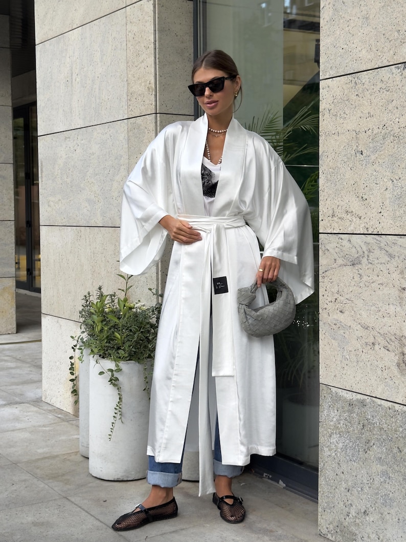 Chic Silk Wrap Coat, Flowy Satin Long Jacket, Lightweight Silky Outerwear, Bohemian Streetwear, Elegant Duster Cardigan, Christmas Gift