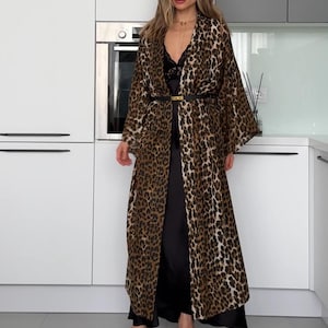 Leopard Satin Kimono, Long Kimono Coat, Summer Duster, Burning Man Robe for Women, Lightweight Cover Up, Maxi Wrap Dress, Gift for Mom