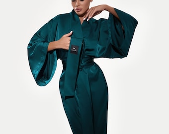 Wide Sleeves Robe, Emerald Silk Robe, Floor Length Kimono, Wrap Kimono Robe, Satin Lounge Wear for Women, Luxury Gift for Her, Silk Homecoat