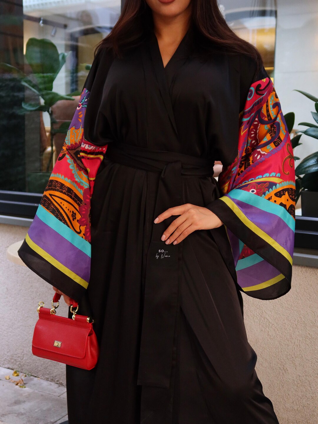 Italian Silk Black Robe With Colorful Wide Sleeve, Evening Wrap Dress ...
