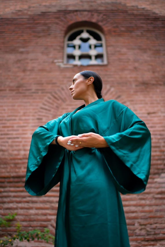 emerald green kimono dress Long Silk Blend Kimono Robe: Green Boho Maxi Gown