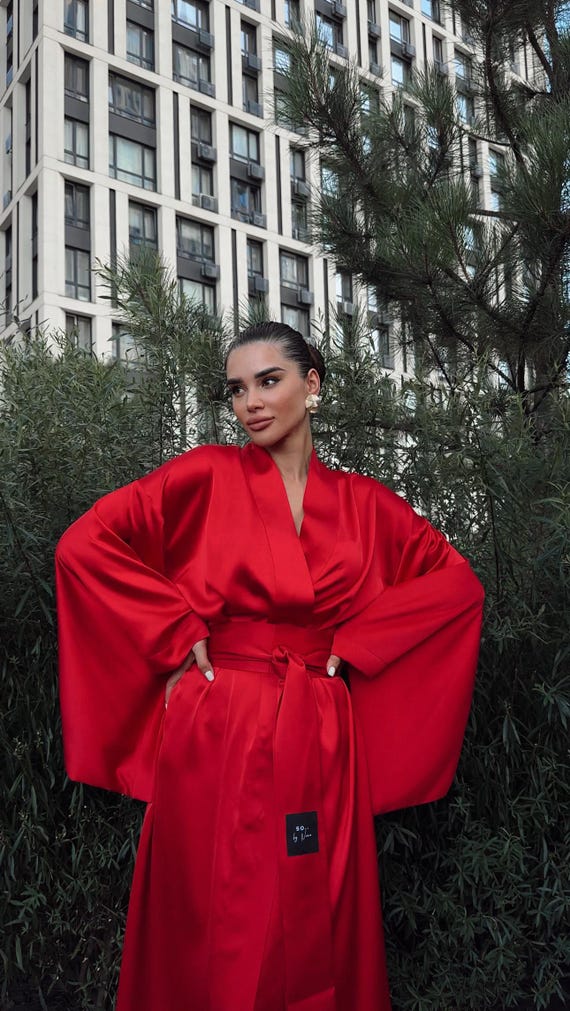 Red Silk Kimono Sleeve Dress, Boho Maxi Dress, Wide Sleeve Evening Gown, Loose Fit Satin Kaftan, Luxury Homewear, Elegant Long Dress