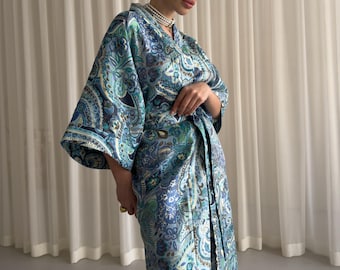 Bata kimono de organza de seda, caftán azul con estampado paisley, bata ligera de talla grande, prenda de verano, bata larga para mujer.