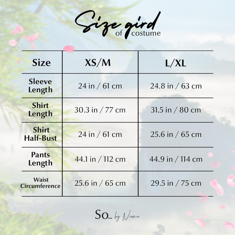 May include: A size chart for a costume, with measurements in inches and centimeters. The chart includes sleeve length, shirt length, shirt half-bust, pants length, and waist circumference for XS/M and L/XL sizes. The text "Size gird of costume" is at the top.