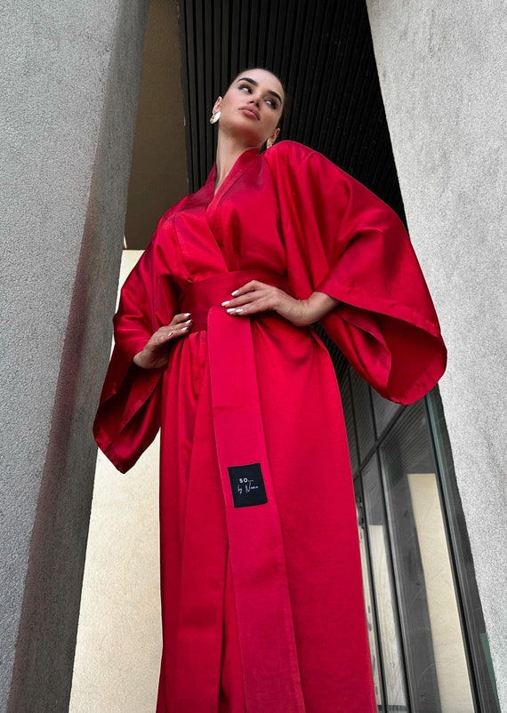 red kimono wrap dress Red Ice Satin Kimono Robe, Long Wrap Dress, Elegant Loungewear