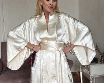 Luxury Long Bridal Robe, Satin Wedding Kimono Robe, Getting Ready Robe, Silk Dressing Gown, Open Front Kaftan Kimono, Maternity Wrap Dress