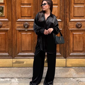 Dressy Silk Blend Pantsuit, Chic Brunch or Date Night Outfit, Flowing Shirt and Pants Set, Silk Lounge Set for Woman, Feminine Everyday Wear