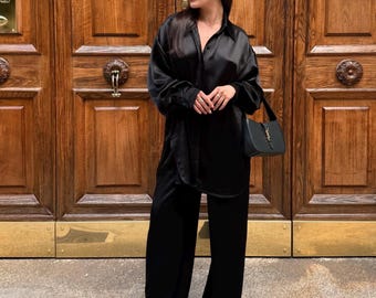 Dressy Silk Blend Pantsuit, Chic Brunch or Date Night Outfit, Flowing Shirt and Pants Set, Silk Lounge Set for Woman, Feminine Everyday Wear