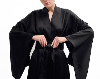 Long Black Satin Robe, Elegant Kimono Dress, Bridesmaid Coverup, Floor Length Bath Robe, Wide Sleeves, Evening Dressing Gown