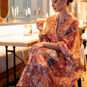 Bohemian Kimono Dress, Silk Summer Wrap Dress, Silk Organza, Lightweight Kimono, Moroccan Style, Paisley Kaftan Dress, Luxury Gift for Her
