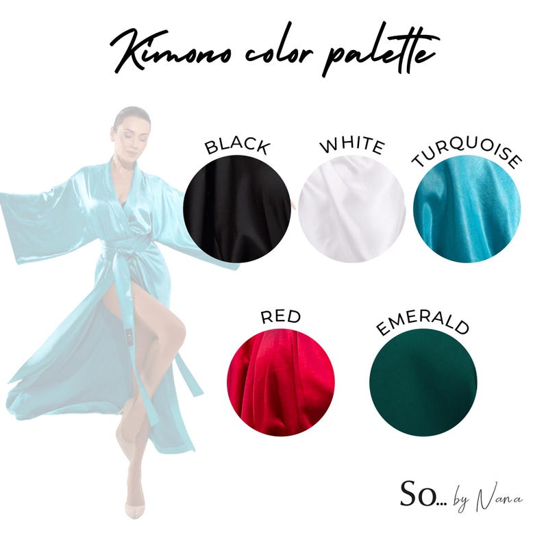 May include: A color palette for kimonos, featuring a light blue kimono and color swatches of black, white, turquoise, red, and emerald. The text "Kimonos color palette" is at the top, with the brand name "So... by Nana" at the bottom.