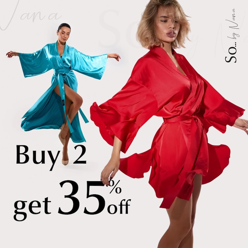 May include: Two women wearing satin robes. The woman on the left is wearing a turquoise robe and the woman on the right is wearing a red robe. The text "Buy 2 get 35% off" is displayed below the women.