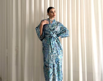 Kimono de seda y organza, estilo bohemio floral, largo hasta el suelo, regalo para el Día de la Mujer
