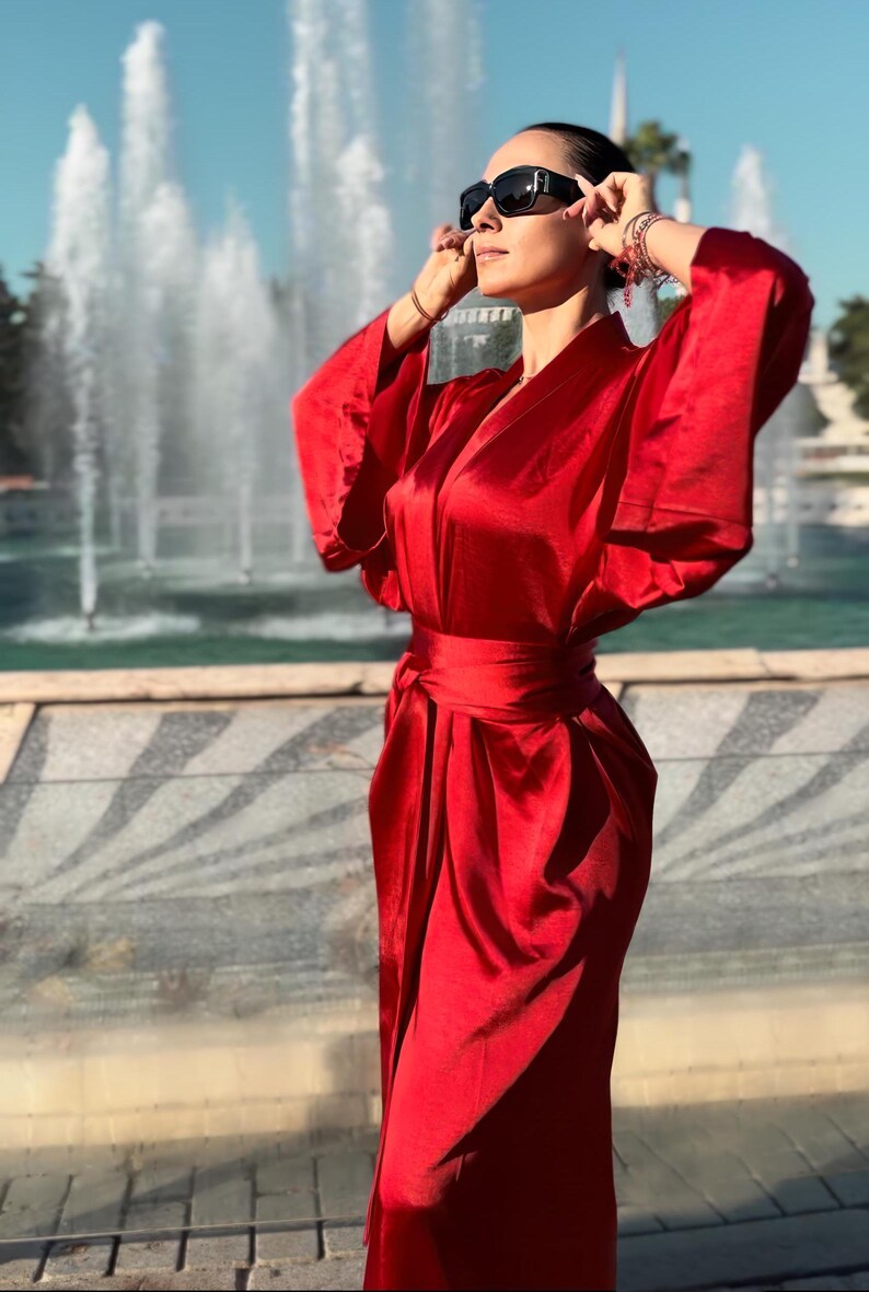 Red Satin Women Kimono Robe, Long Wrap Dress With Wide Sleeves, Elegant ...