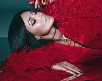 Red Satin Robe with Ostrich Feathers, Mini Cocktail Dress, Valentine Day Gift for Wife or Girlfried