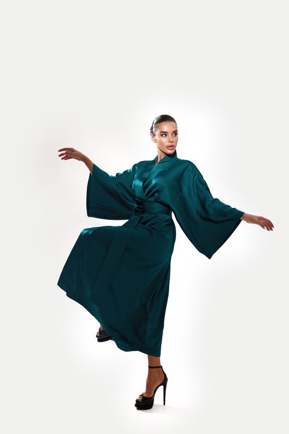 japanese style silk dress Handmade Silk Kimono, Japanese Style Robe, Boho Chic Satin Dress,  Anniversary Gift for Her, Cozy and Elegant Loungewear, Evening Gown