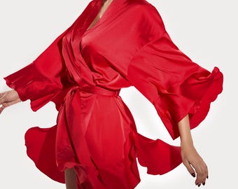 Red Silk Kimono Robe, Bridal Satin Loungewear, Women's Day Gift