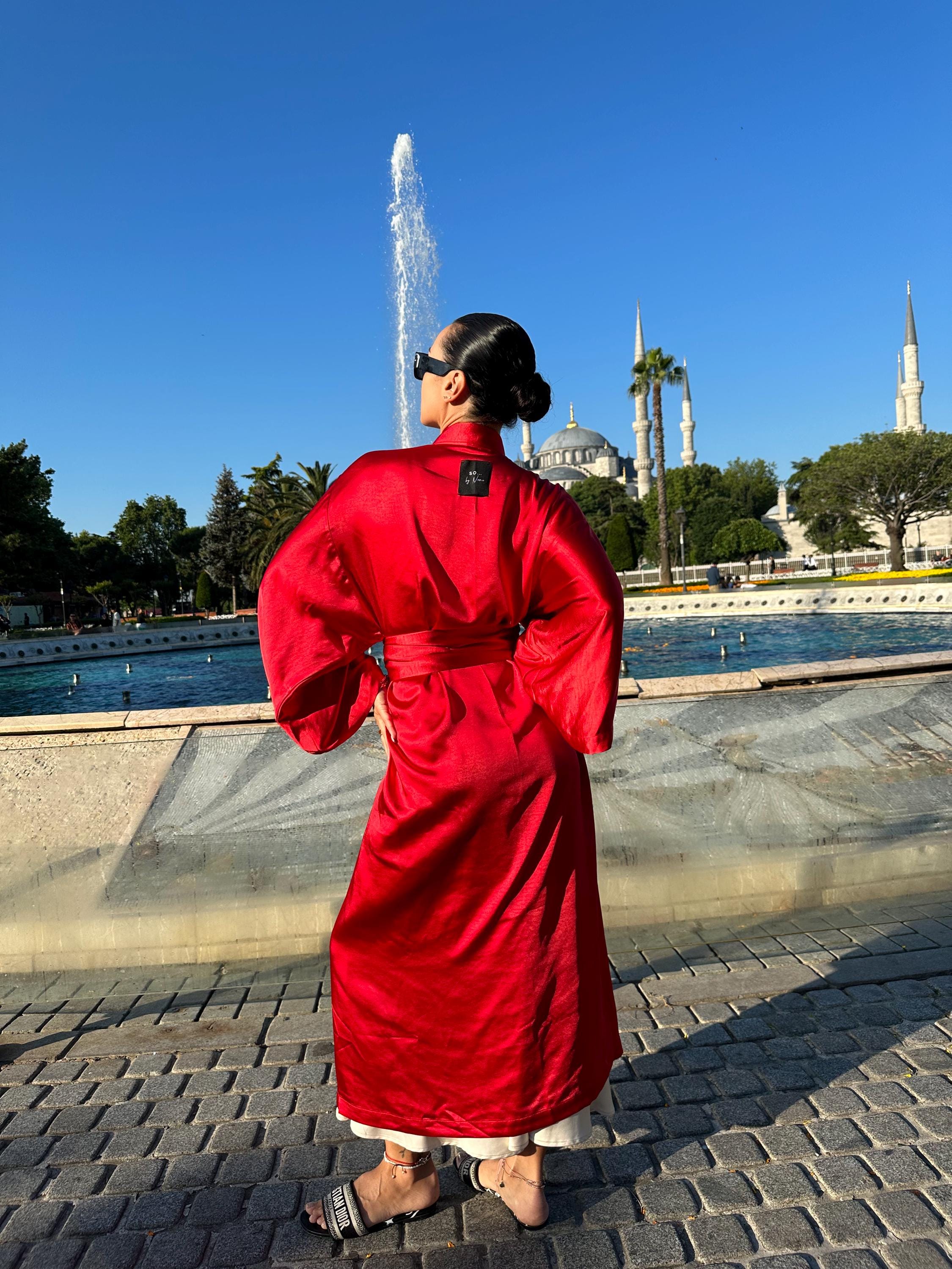 Valentine's Gift for Wife, Red Satin Kimono Robe, Maxi Wrap Dress, Long Wide Sleeve Gown, Luxury Gift for Her, Floor Length Kimono
