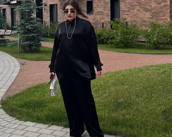 Plus Size Black Silk Viscose Pantsuit, Boho Evening Outfit, Longsleeve Shirt with Wide Pants