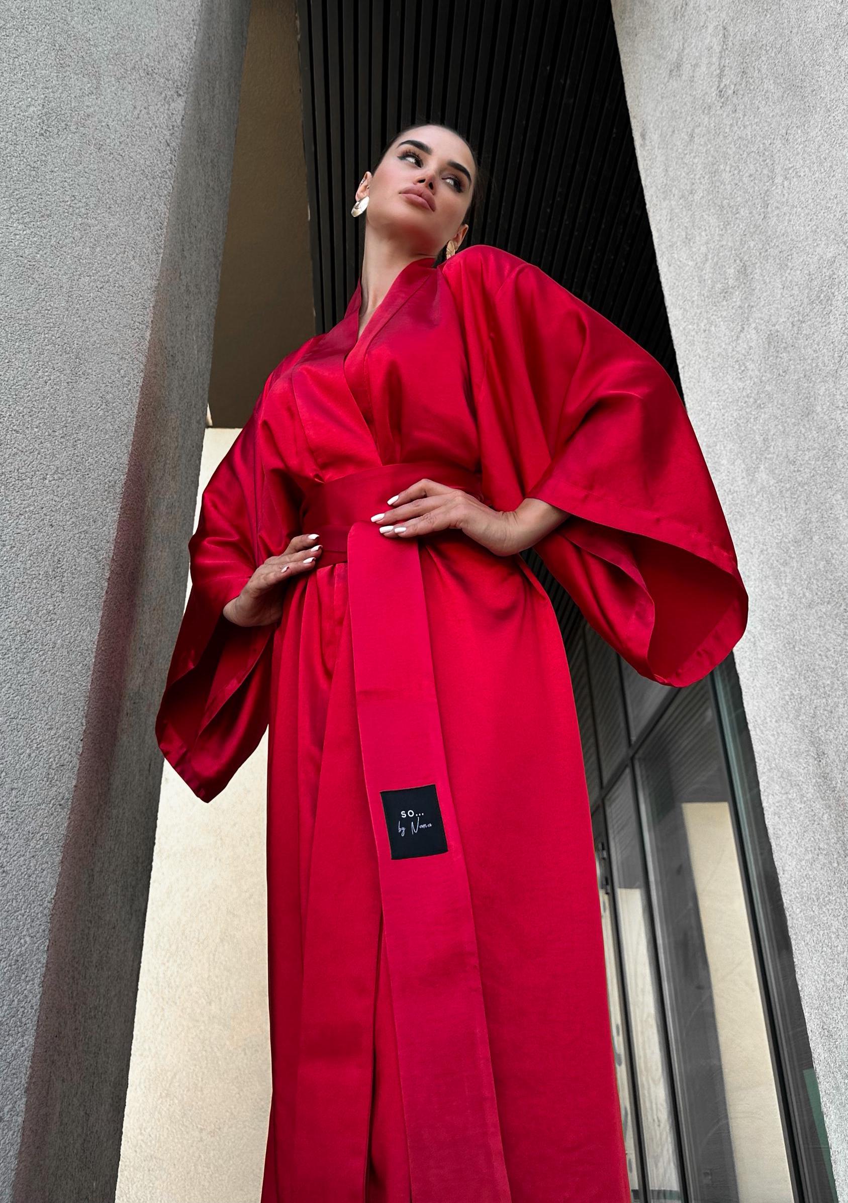 open lace back dress Red Satin Kimono Robe with Fringe