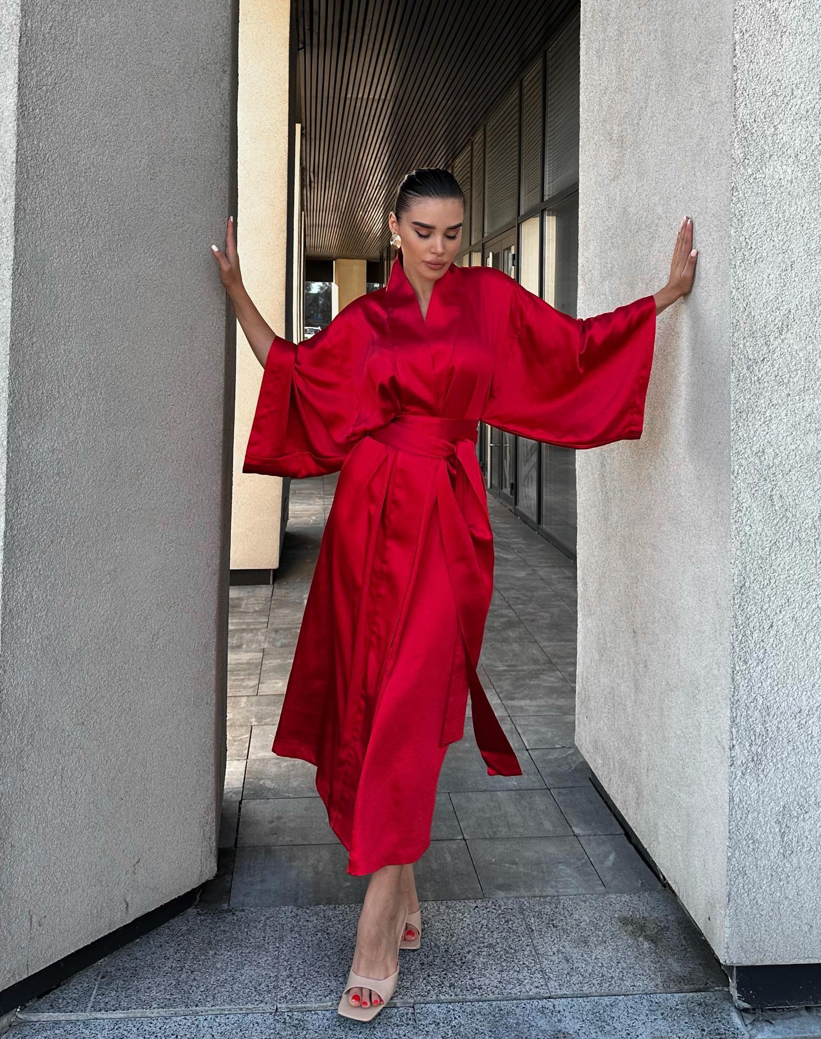 red satin kimono dress Red Ice Satin Kimono Robe, Long Wrap Dress, Elegant Loungewear